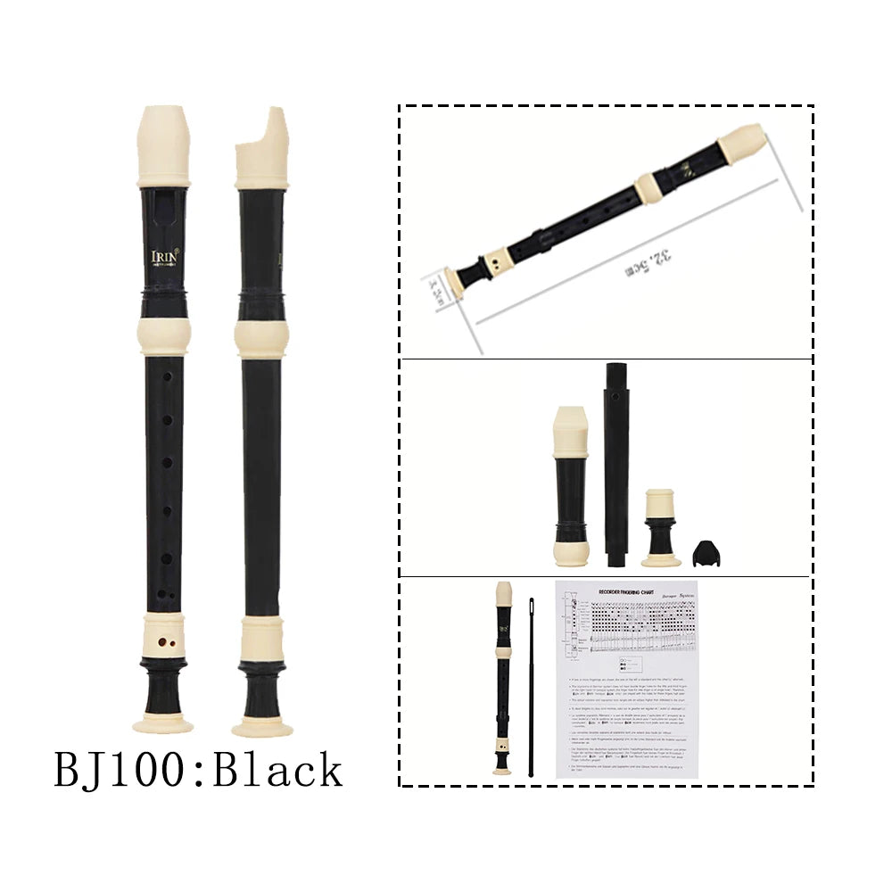 Black recorder flute for kids with a cleaning stick and various parts shown in detail