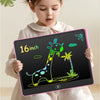 A young girl holds a pink tablet displaying a yellow and green giraffe doodle on a black screen.