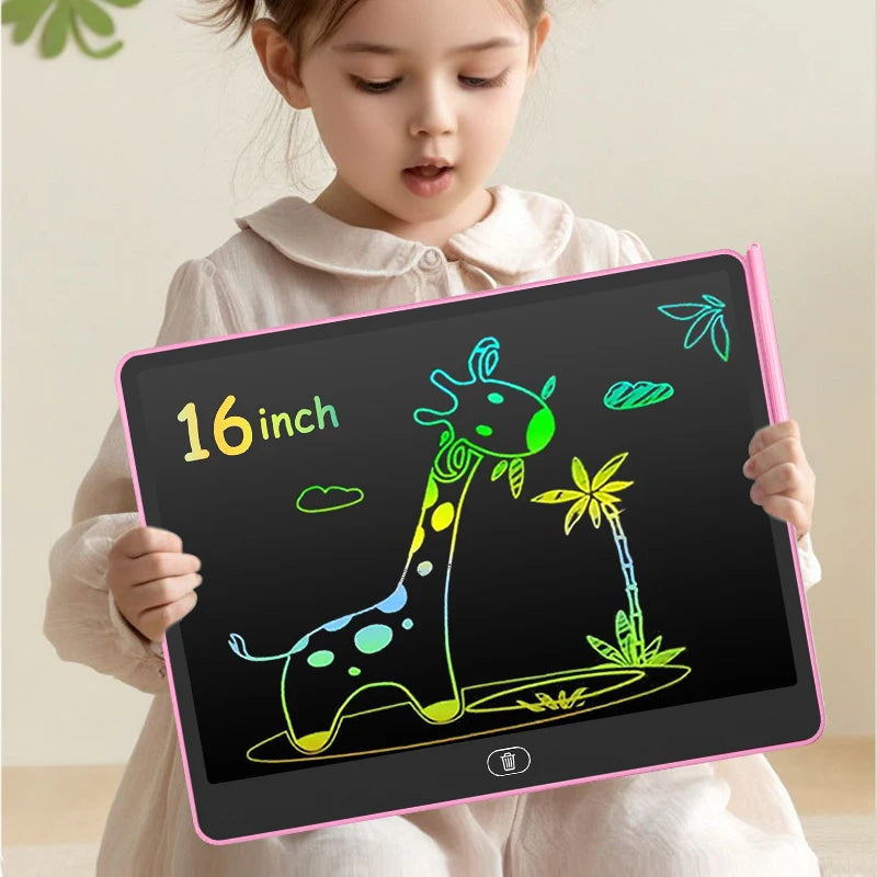 A young girl holds a pink tablet displaying a yellow and green giraffe doodle on a black screen.
