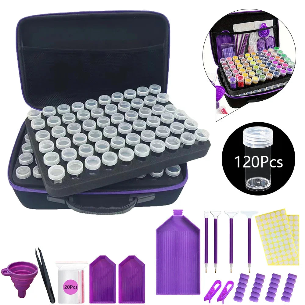 Diamond painting storage kit with a black case holding numerous small tubes and accessories