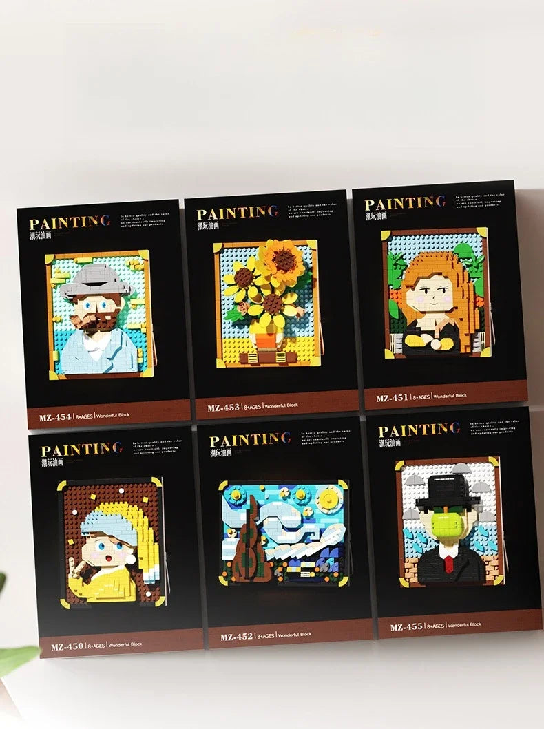 A collection of eight square art prints featuring pixel art paintings of various subjects like a man, a sunflower, and a pers