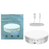 A white intelligent USB charging 360° rotating display stand with a power adapter and cable.
