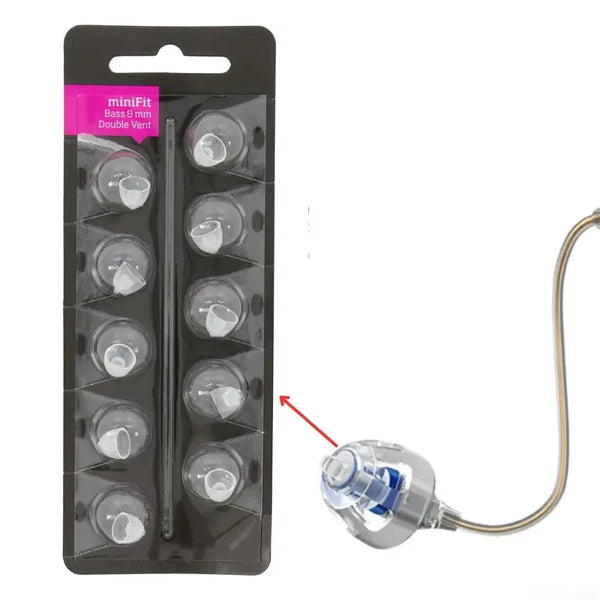 Replacement Bass Domes for Oticon MiniFit hearing aids, including a silicone fitting.