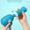 A hand is using a blue and white animal backpack water gun for kids to create a smooth spray.