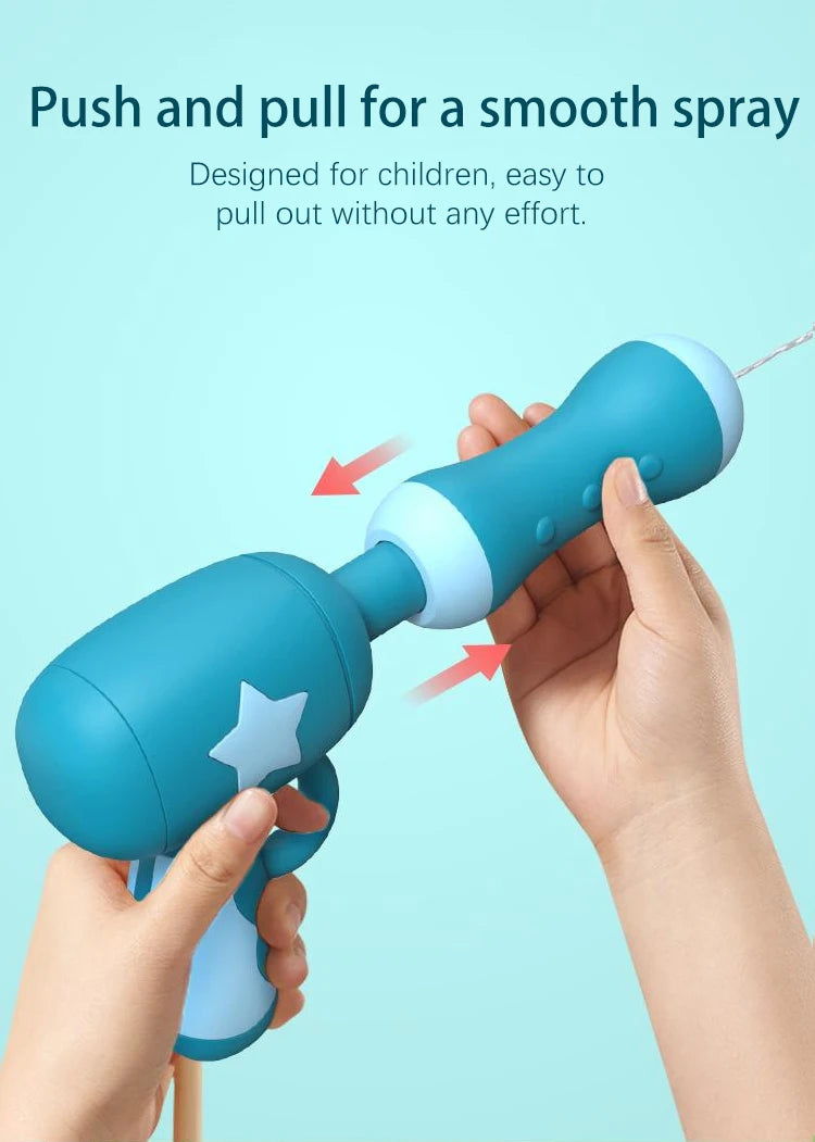 A hand is using a blue and white animal backpack water gun for kids to create a smooth spray.