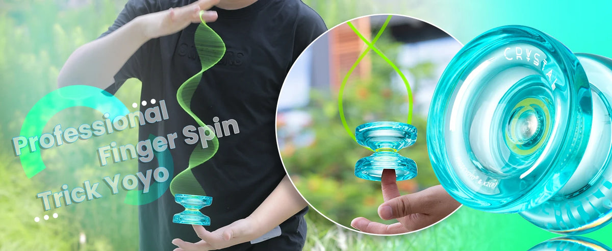 A hand demonstrates a crystal plastic yo-yo trick to a person, showing the professional finger spin technique.
