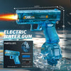 A blue electric water gun is shown firing a stream of water, with parts listed below it.