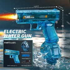 A blue electric water gun is shown firing a stream of water, with parts listed below it.
