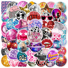 A collection of colorful disco and graffiti themed vinyl stickers featuring various glitter, geometric, and pop culture desig