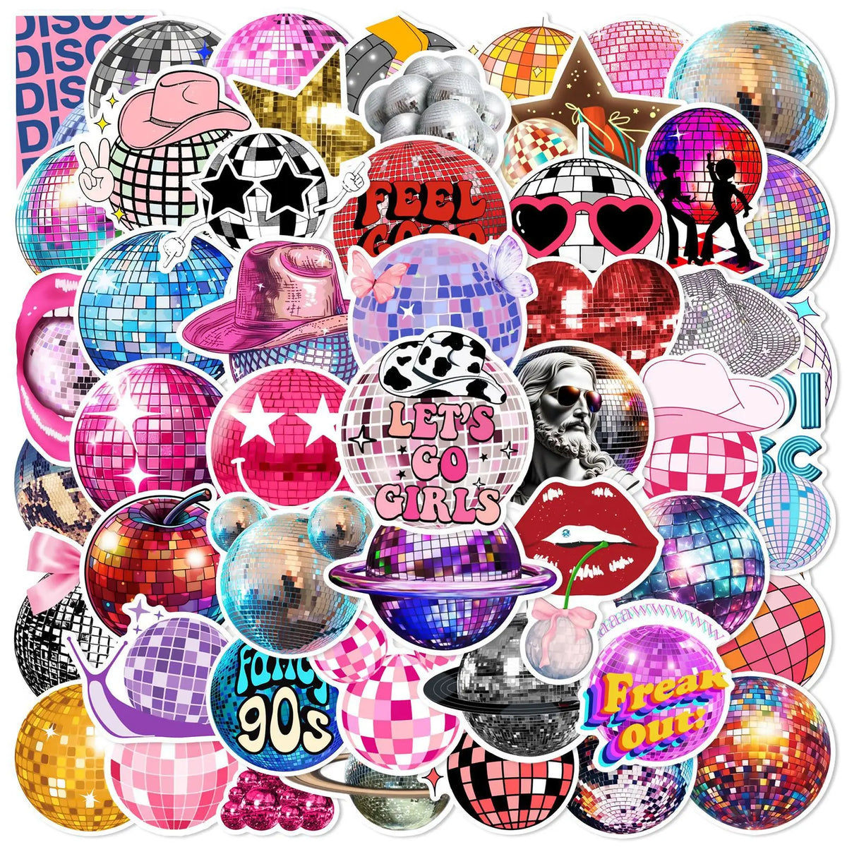 A collection of colorful disco and graffiti themed vinyl stickers featuring various glitter, geometric, and pop culture desig