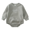 A light gray embroidered cotton baby romper for boys and girls.