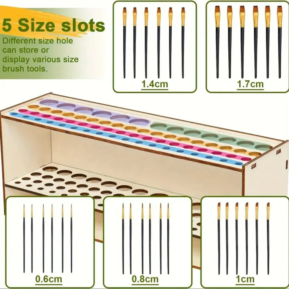 Wooden art brush and pencil organizer with five size slots showing different brush sizes.