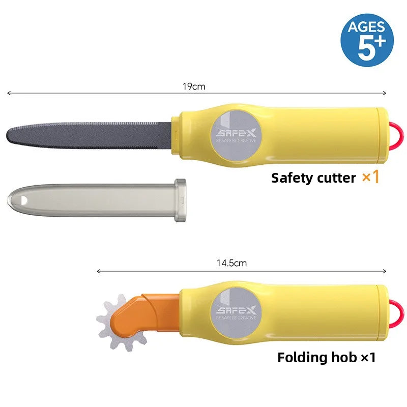 Yellow folding hob and safety cutter included in a cardboard construction kit for kids