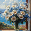 A still life painting featuring a bouquet of white and blue flowers in a glass vase, set against a scenic landscape view.