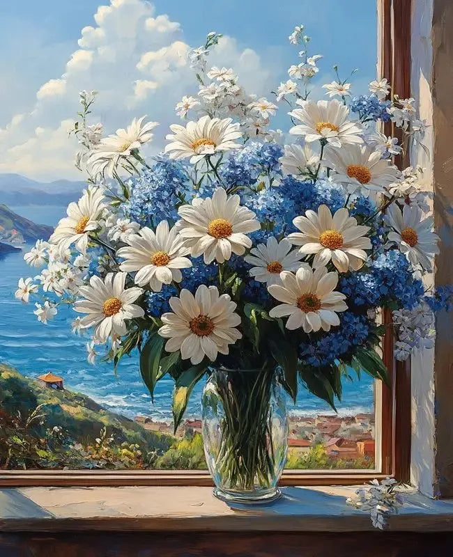 A still life painting featuring a bouquet of white and blue flowers in a glass vase, set against a scenic landscape view.