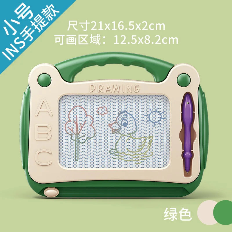 A green magnetic drawing board for kids with a clear plastic grid and a purple drawing tool.