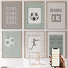 A collection of five framed canvas art pieces featuring soccer balls, a player silhouette, and the number 03.