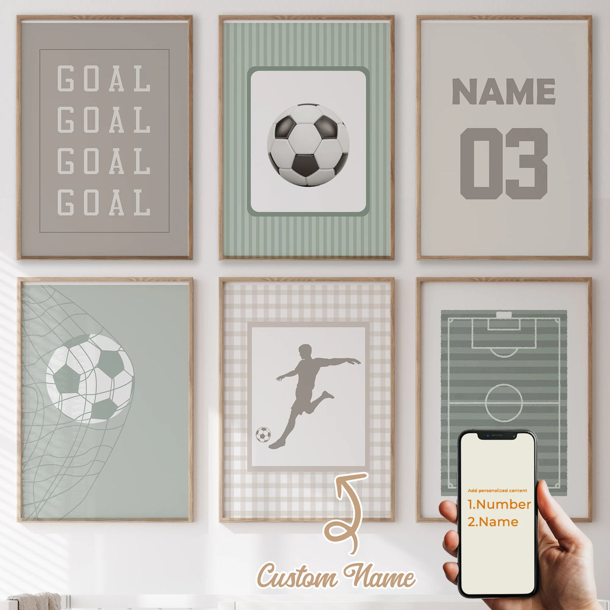 A collection of five framed canvas art pieces featuring soccer balls, a player silhouette, and the number 03.