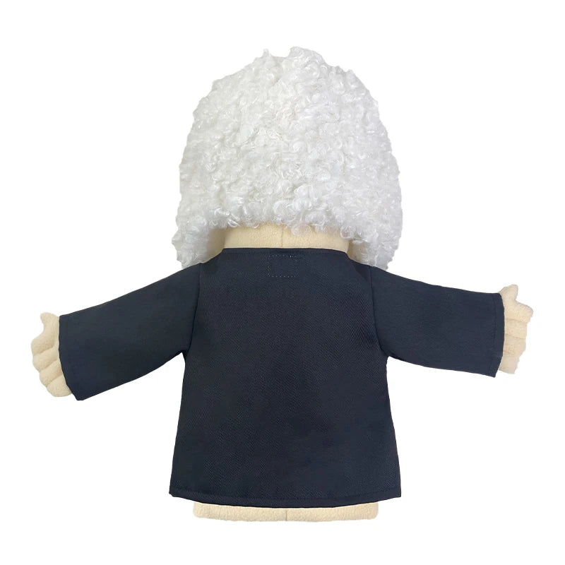 A plush hand puppet with white fluffy hair and a dark blue outfit.