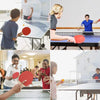 A collage showing people playing table tennis with a retractable net set, paddles, and balls on a table.