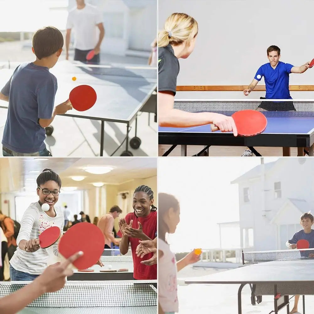 A collage showing people playing table tennis with a retractable net set, paddles, and balls on a table.