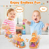 Three orange and purple light-up gear cars for toddlers are shown with happy babies, ready to go.