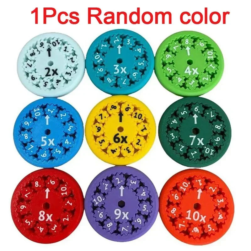 A collection of ten random color math fidget spinners showing various numbers and symbols.