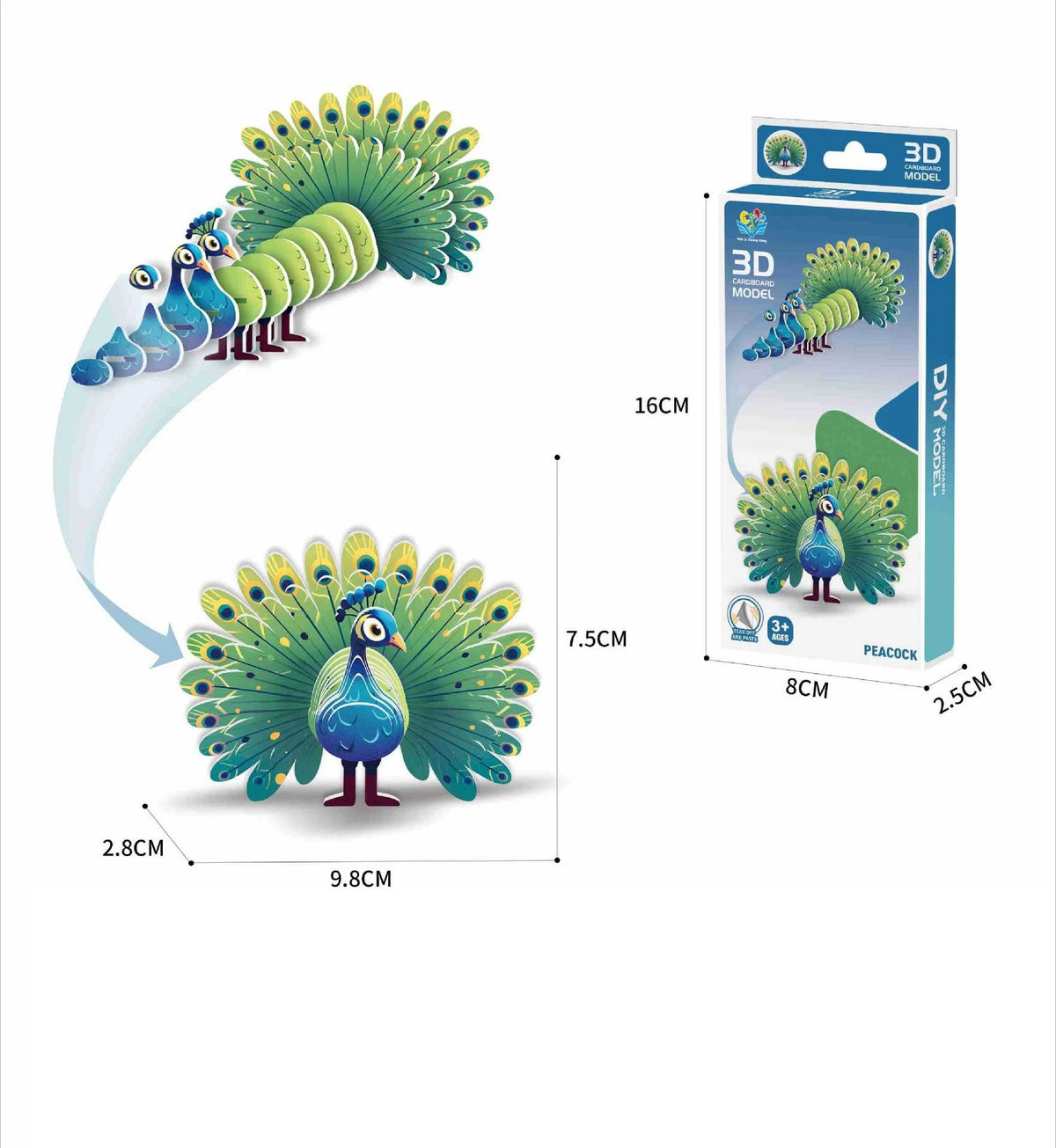 A 3D paper animal puzzle set featuring a peacock and a dinosaur, packaged in a box.