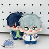 A plush doll of an anime character with dark blue hair and light blue skin, wearing a white shirt and blue pants.