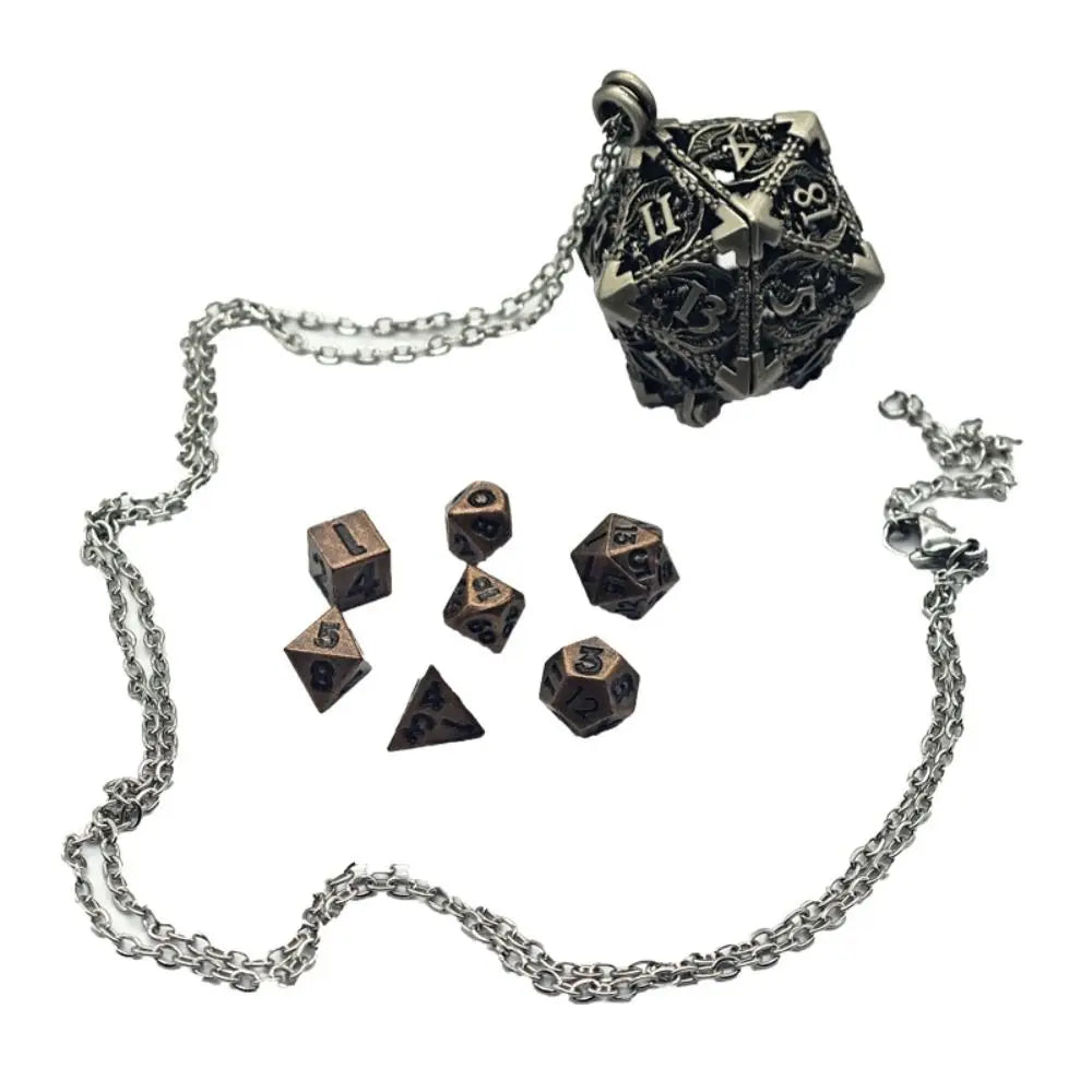 A metal polyhedral dice set with a pendant storage case, featuring a large dodecahedron die.