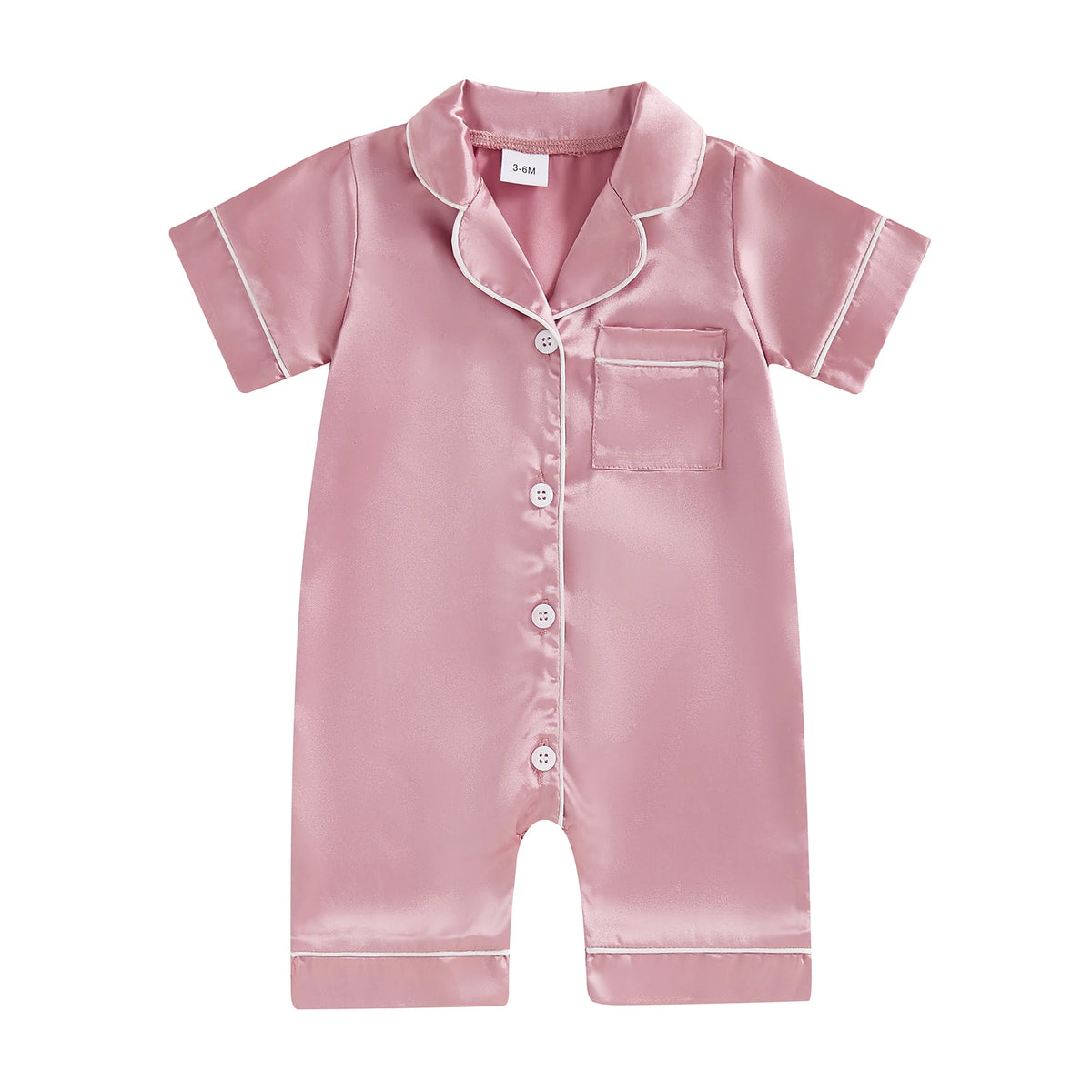 A pink satin button-up romper sleepwear for toddlers with a collar and patch pocket.