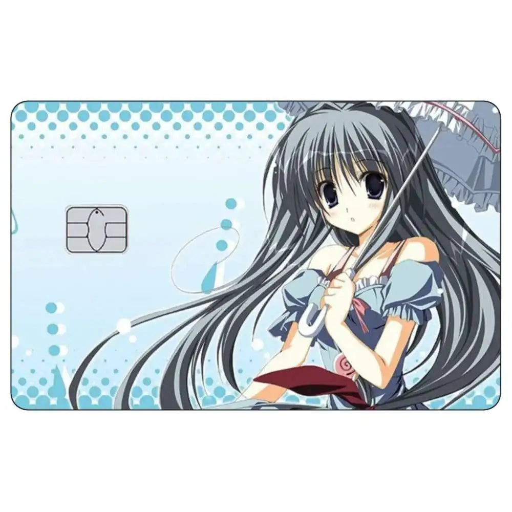 Anime girl with long dark hair holding a thin, red string against a light blue background.