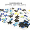 A collection of high precision cutting and occlusion jigsaw puzzle pieces in various colors including blue, yellow, and black