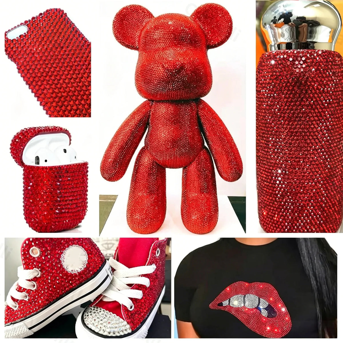 A collection of red resin rhinestones and finished craft items including a bear figure, a pouch, and a shoe.