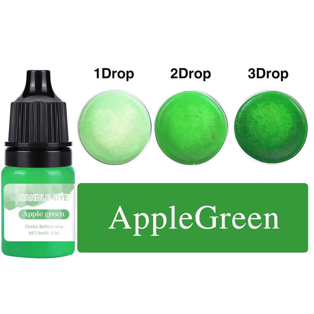 A bottle of AppleGreen liquid candle dye with three dropper sizes labeled 1Drop, 2Drop, and 3Drop.
