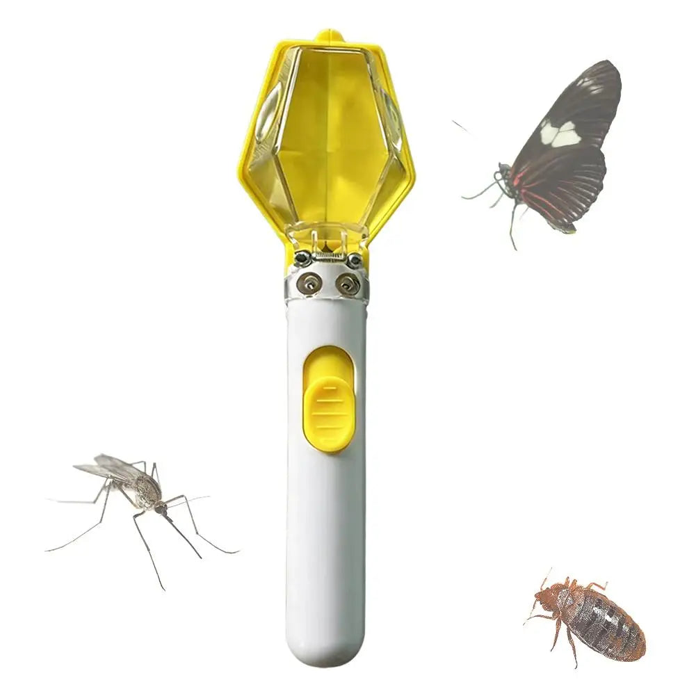 A yellow and white kids bug catcher with a magnifying viewer and a small insect.