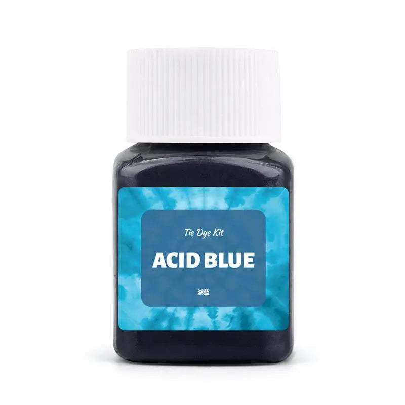 A dark blue textile fabric dye kit labeled Acid Blue in a glass bottle with a white cap.