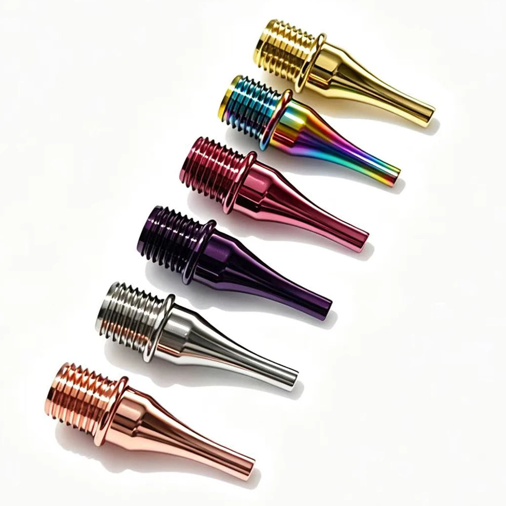 A vertical arrangement of precision diamond painting pen tips with stainless steel threaded handles in various iridescent and