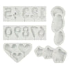 A set of silicone molds shaped like letters, numbers, and hearts for baking and crafts.