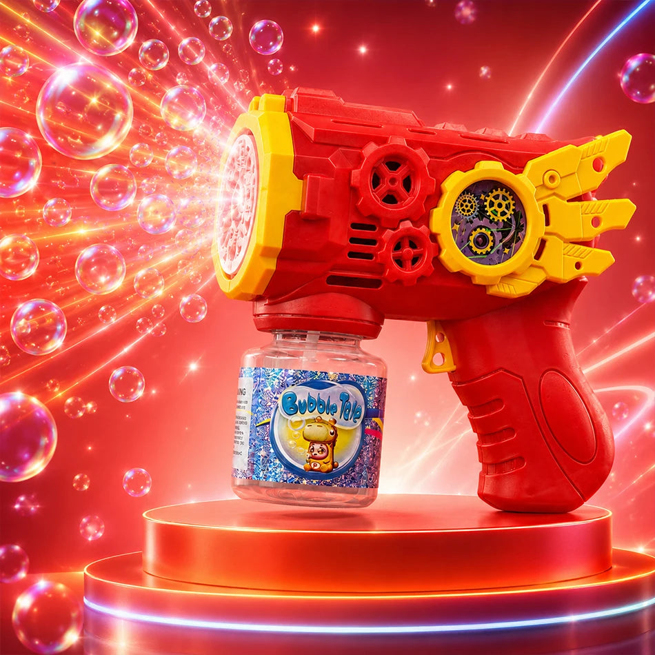 Rote und gelbe automatische Blaspistole Spielzeug auf einem Ständer vor einem hellen, funkelnden Hintergrund.