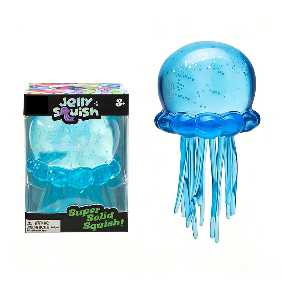 A blue jelly squish toy shaped like a jellyfish with dangling tentacles.