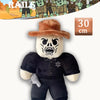 A plush toy resembling a dead rabbit with a skull face and a brown hat.