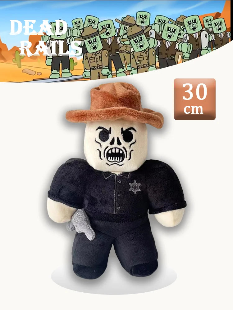 A plush toy resembling a dead rabbit with a skull face and a brown hat.