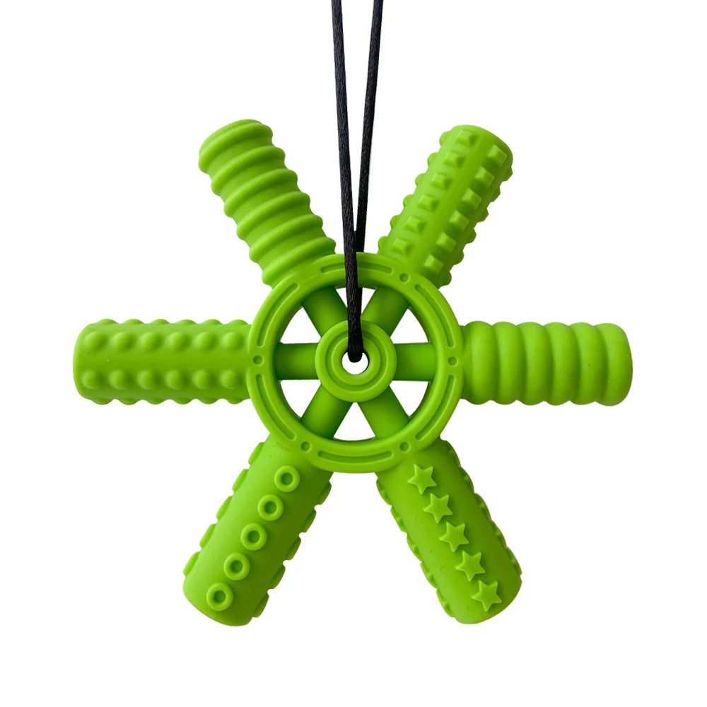 Bright green silicone steering wheel teether for babies and toddlers