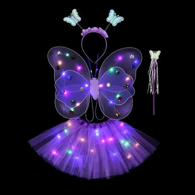 A purple LED butterfly costume set for girls featuring glowing wings, a skirt, and a wand.