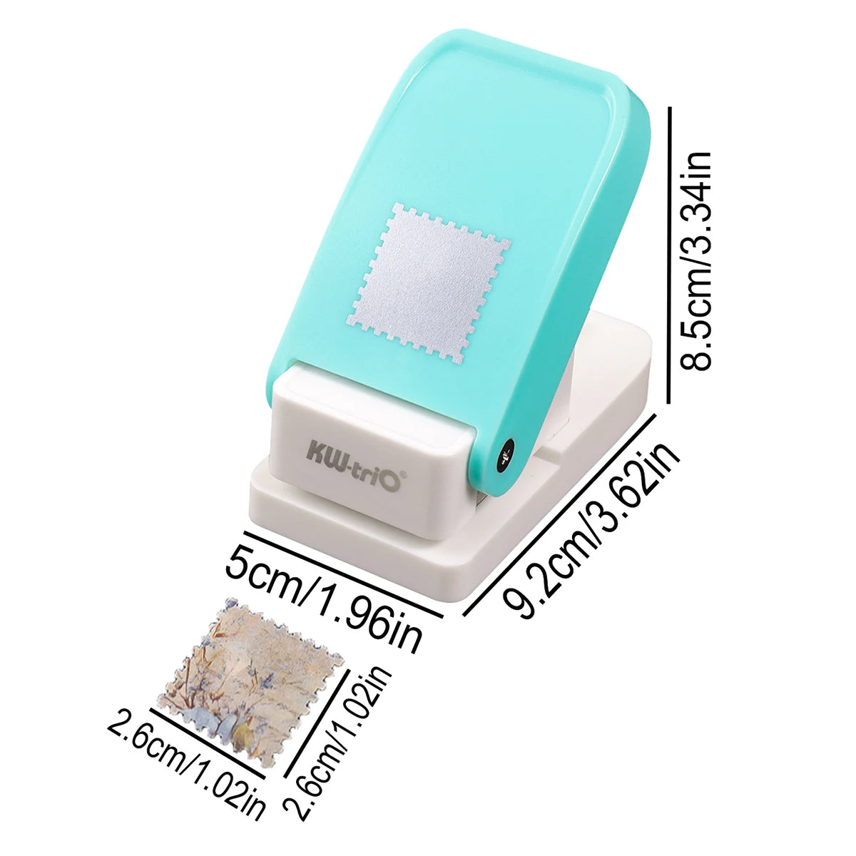 A light blue lever action embosser tool with a square embossing plate and white base.