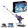A boxed fishing rod building blocks set featuring a purple and silver fishing rod, reel, and tackle components.