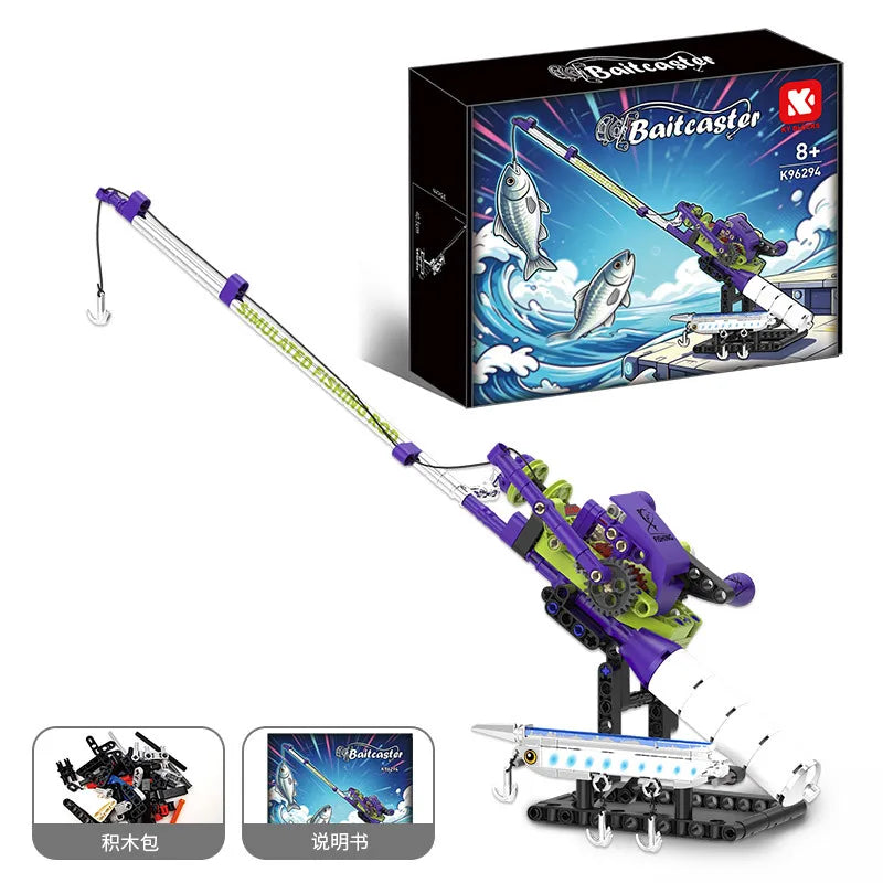 A boxed fishing rod building blocks set featuring a purple and silver fishing rod, reel, and tackle components.
