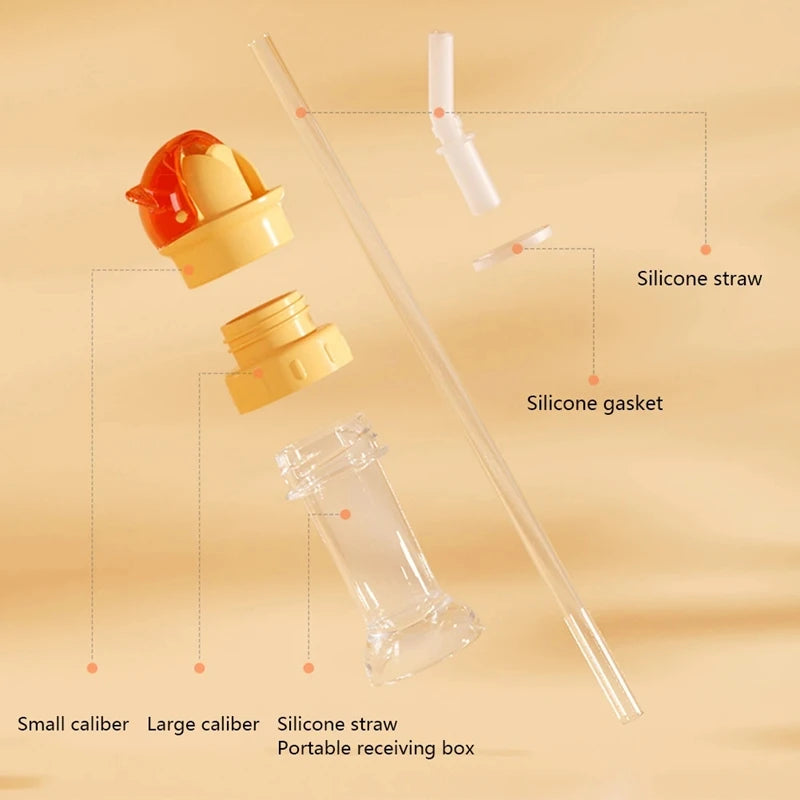 A set of silicone straw and bottle cap converters shown with various sizes and a receiving box.