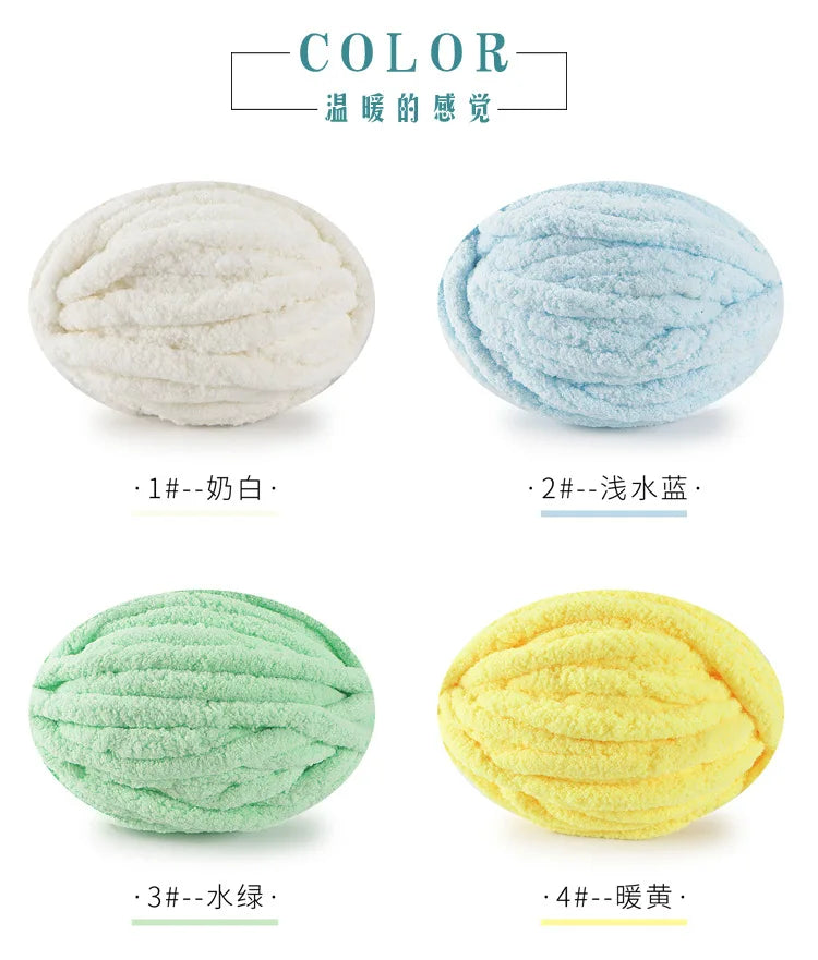 Four balls of chunky chenille yarn in white, light blue, mint green, and yellow.